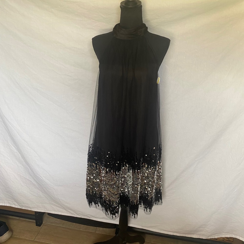 CeCe Womens Black Sequin Hem Mesh Overlay High Neck Bow Back Dress Size 12